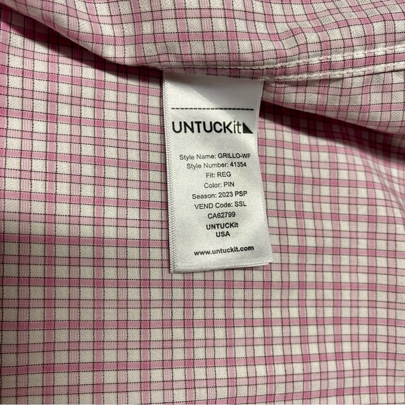 Untuckit Mens Long Sleeve Button Up Shirt Size 2XL Pink White Checks 100% Cotton - Picture 7 of 10
